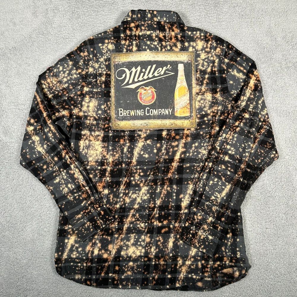 Angry Minnow Flannel Shirt Mens‎ Large Gray Black Plaid Miller Beer Bleach New - Picture 8 of 9